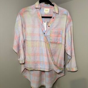 Maeve Anthropologie XS Pastel‎ Plaid Wrap Top Button Up Shirt Blouse Petite
